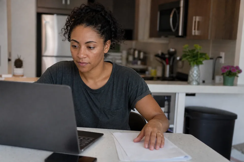 Renter at a kitchen counter reviewing her monthly rent charges on a laptop next to a lease addendum