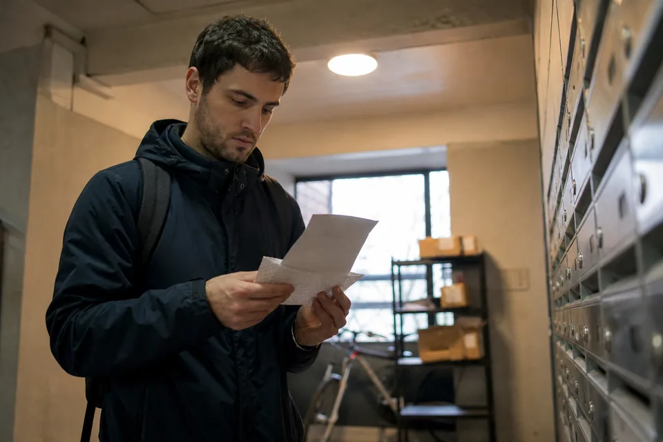 Resident in an apartment lobby reading a letter from the property office about rent reporting enrollment